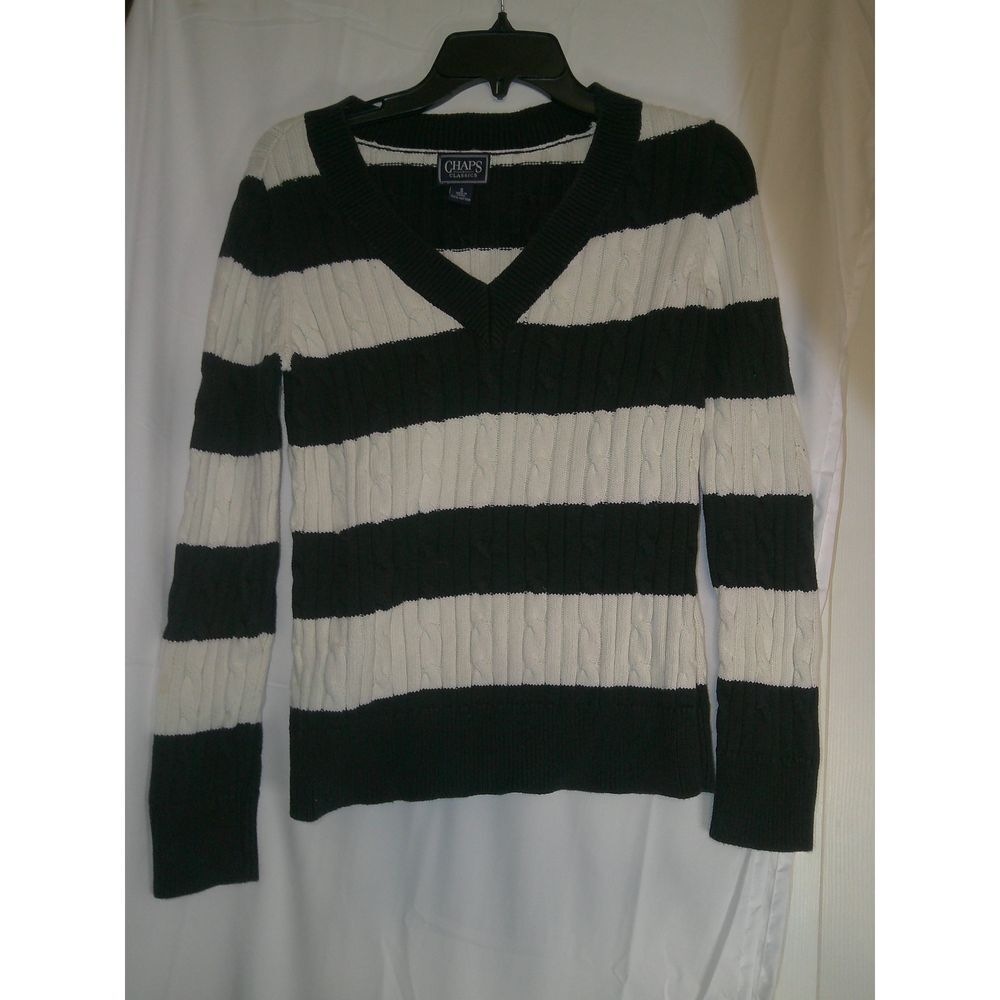 Chaps Classic Black‎ & White Striped Cable Knit V-Neck Sweater